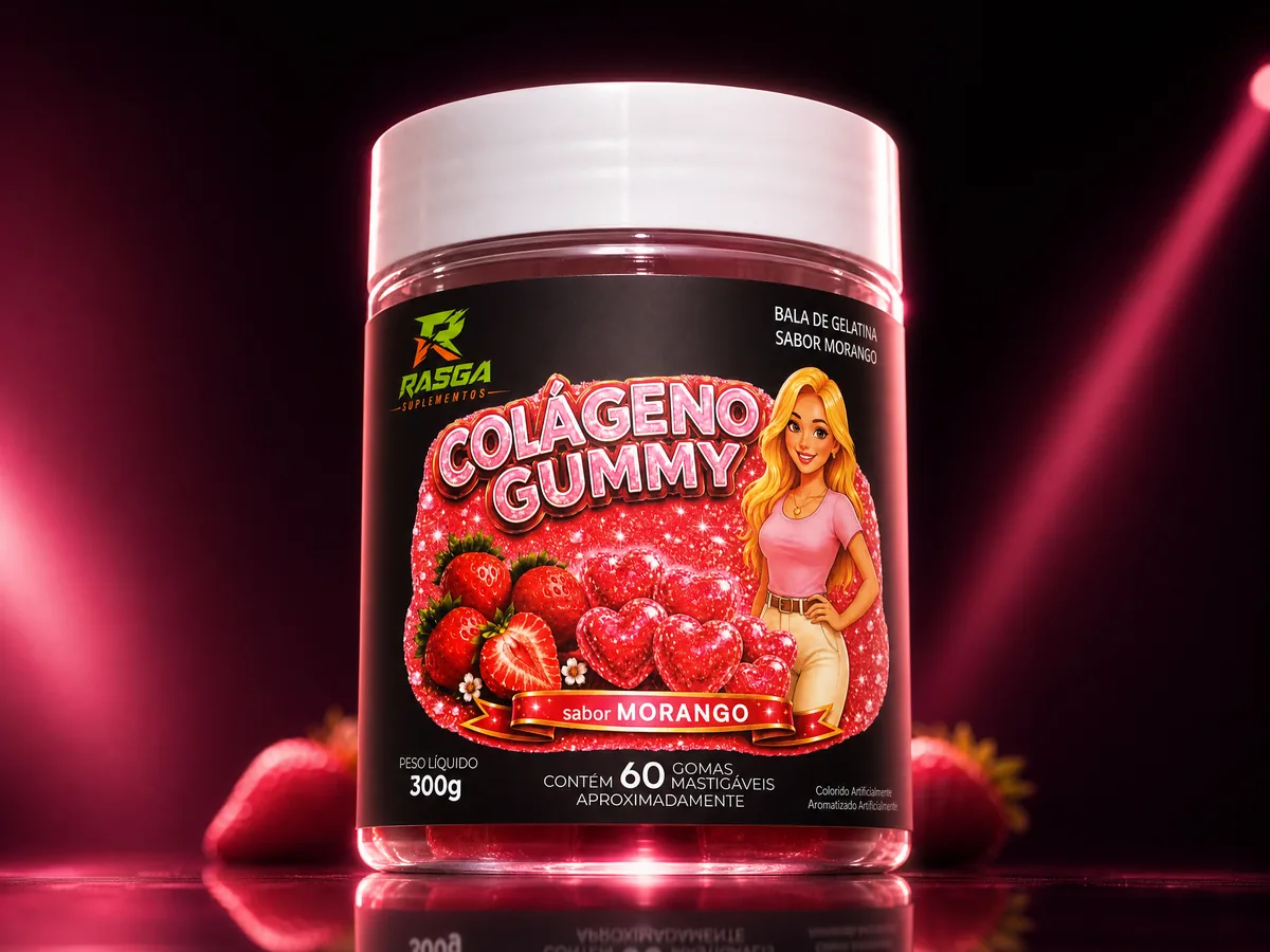 Colágeno Gummy sabor Morango — Rasga Suplementos, gomas em formato de coração, foto profissional de estúdio