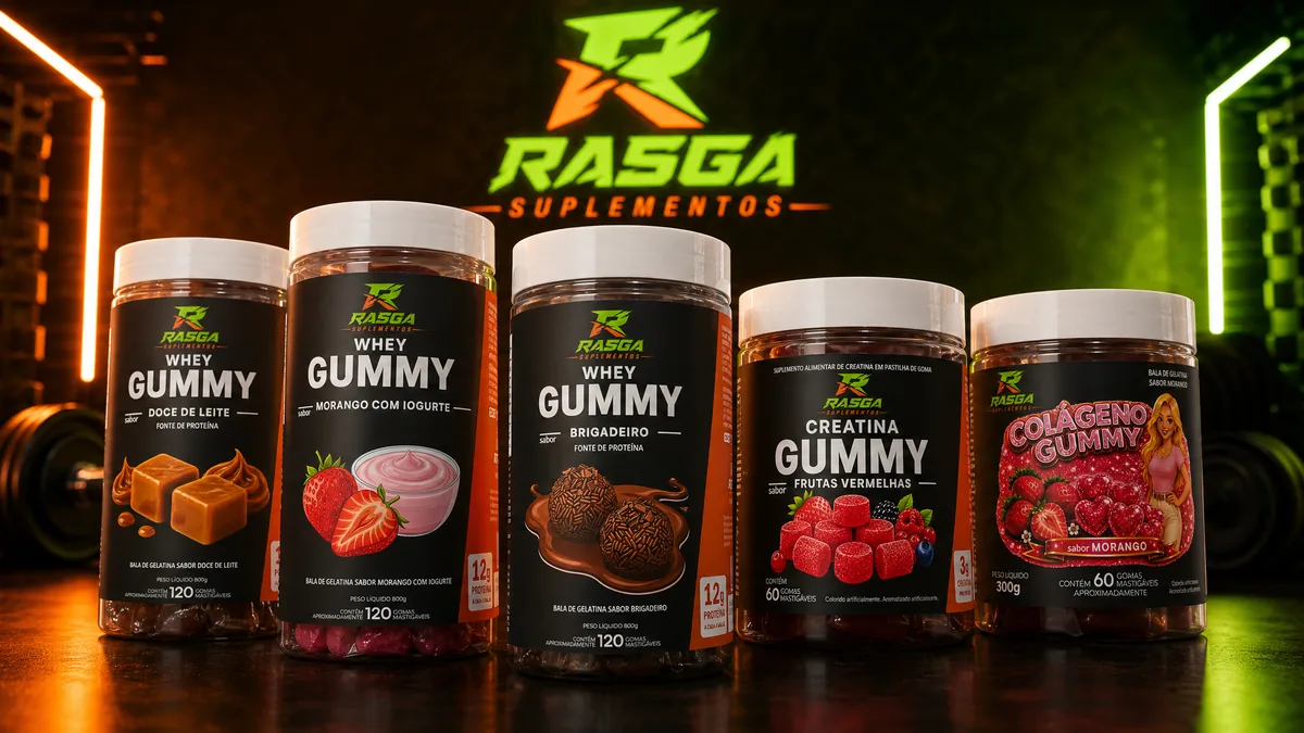 Linha completa Rasga Suplementos: Whey Gummy nos sabores Brigadeiro, Morango com Iogurte e Doce de Leite, Creatina Gummy e Colágeno Gummy